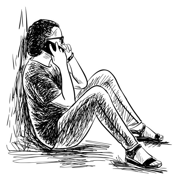 素描一名年轻女子坐在城市公园的草坪上，用智能手机聊天图片下载