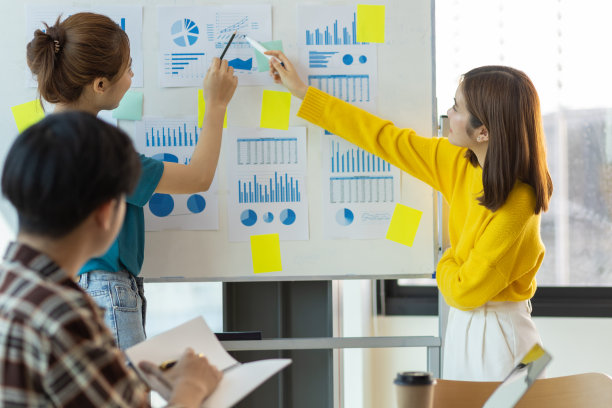 会议简要介绍了企业营销增长和利润的路线图和报告。同事写纸条的时候，女人在场。图片下载