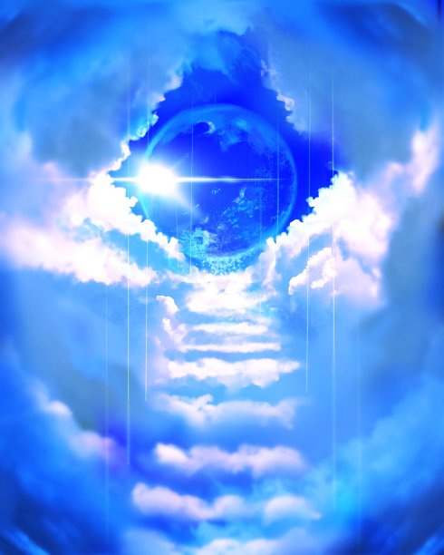 神秘的云楼梯通向天堂，神圣的光从天堂闪耀图片下载