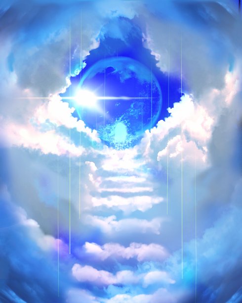 神秘的云楼梯通向天堂，神圣的光从天堂闪耀图片下载