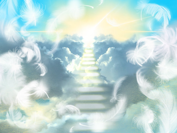 神秘的云梯通向天堂的插图，神圣的光从天堂闪耀，白色的天使翅膀跳舞图片下载