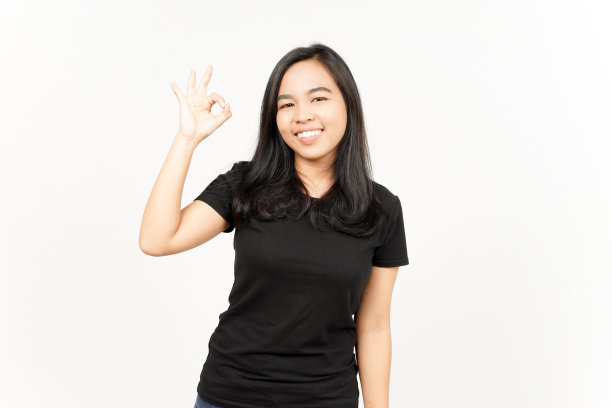 在白色背景上显示美丽的亚洲女人被孤立的迹象图片下载