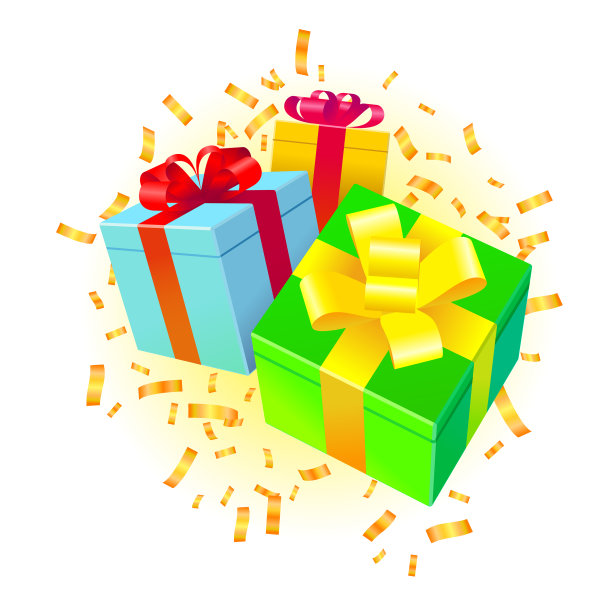 礼品盒彩带图标设置彩色标志三维等距图片下载