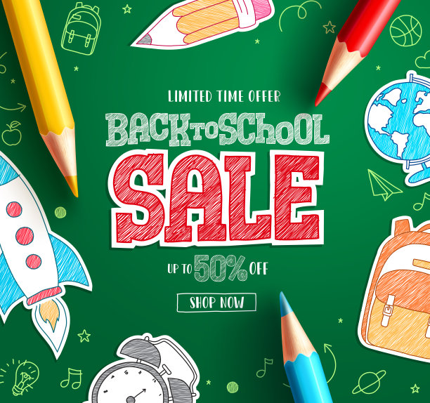 回到学校销售文本矢量横幅。学校销售有限折扣传单和购物促销活动图片下载