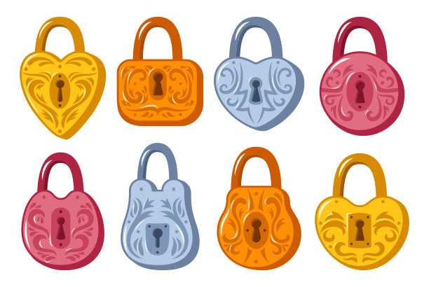 锁具各种形状复古卡通套老挂锁安全安全防护设计元素图片下载