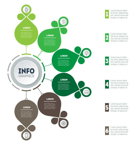 时间轴或图表。发展之树，成长之树，绿色之业。趋势信息图或趋势图。6个选项、部分、步骤或过程的业务表示概念。图片下载