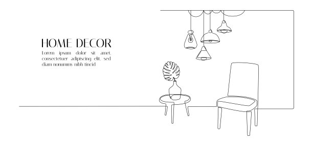 一张连续线条画的椅子、桌子和花瓶、植物。现代斯堪的纳维亚和阁楼家具扶手椅在简单的线性风格。可编辑的中风。画矢量图图片下载