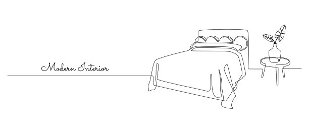 一张连续的双人床和桌子，花瓶和植物。现代斯堪的纳维亚室内舒适的装饰卧室简单的线性风格。画矢量图图片下载