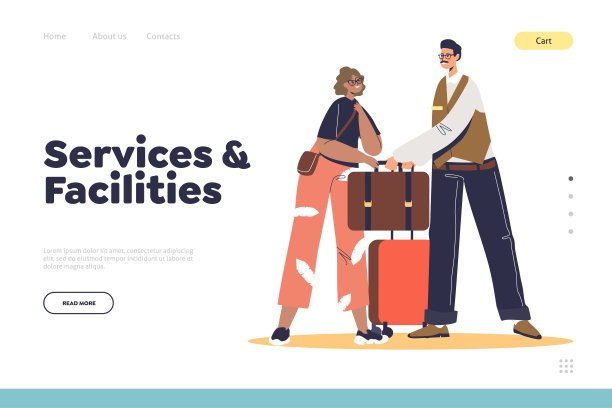 服务设施概念落地页面与行李员拿行李的女士到达酒店图片下载