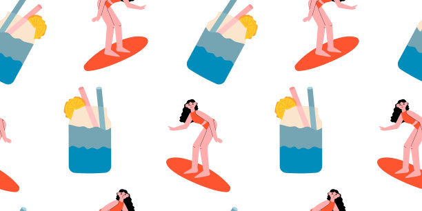 无缝图案与夏季饮料和冲浪女孩图片下载