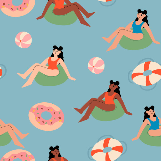 夏天的无缝图案，多样化的女人在海里游泳图片下载