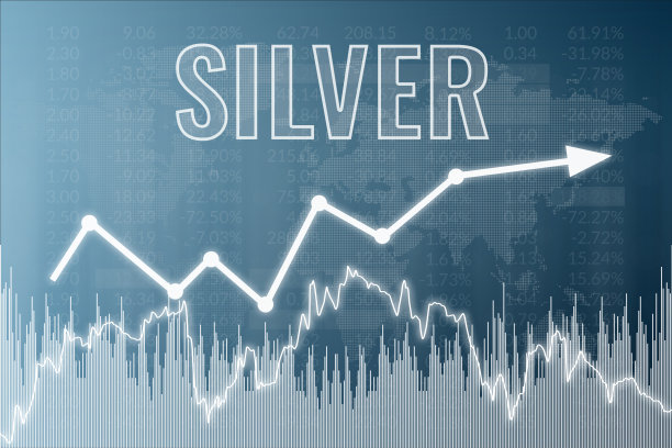 交易上的价格变化蓝色金融背景上的银色和箭头。上升趋势图片下载