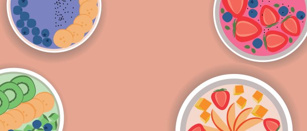 时尚的冰沙碗重叠，平面矢量股票插图与健康的纯素食品作为复制空间的文本空间图片下载