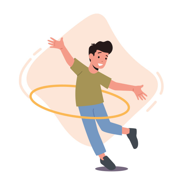 快乐的孩子玩呼啦圈。有趣的学龄前儿童性格有趣的业余时间，娱乐，滚动和旋转环图片下载