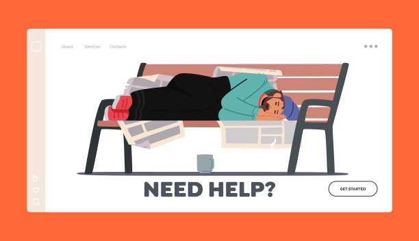 无家可归的人需要帮助登陆页面模板。可怜的流浪汉男性性格在肮脏的褴褛衣服睡在板凳上图片下载