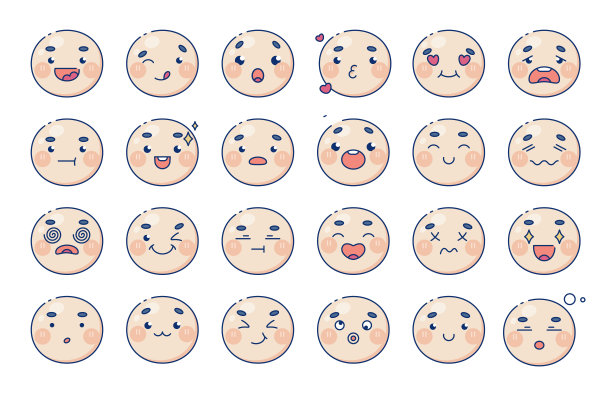 宝宝有趣的脸轮廓表情图标设置。现代设计表情符号面对图标集合。一组向量，情绪和感觉像快乐，生气，悲伤，笑，戏弄和头晕的脸。图片下载