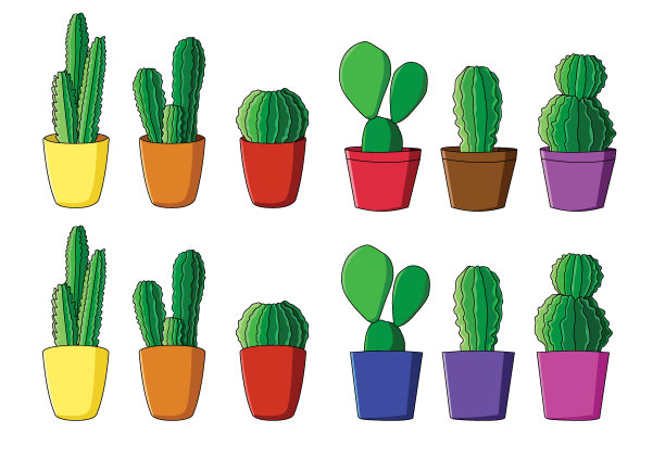 仙人掌绿色和新鲜树在盆栽植物彩色白色背景插图向量图片下载