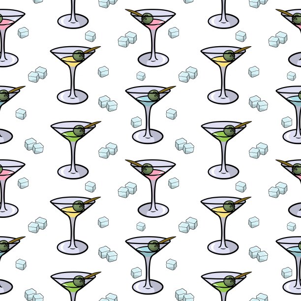玻璃马提尼杯绿色橄榄，无缝方形图案图片下载