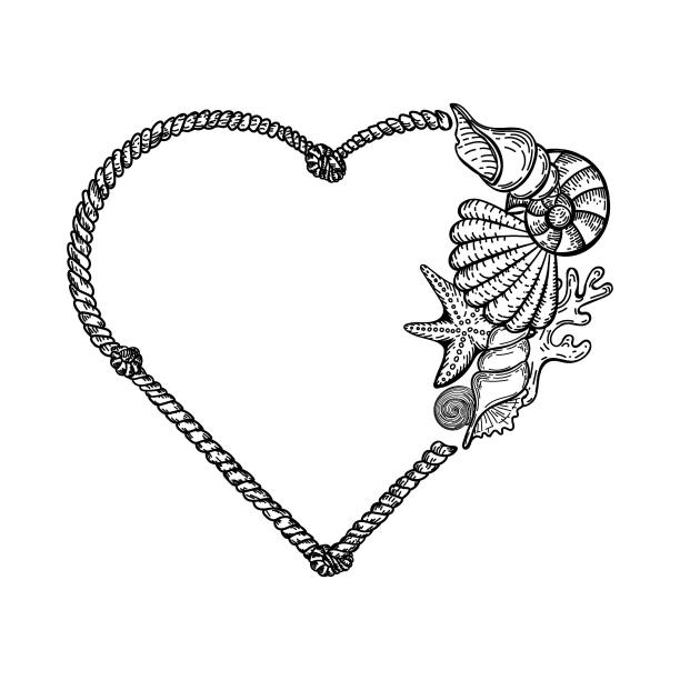 航海风格的心形框架，素描风格的手绘涂鸦元素。海洋生物。绳结。Sea-Ocean。模板的照片，社交媒体和海报。图片下载