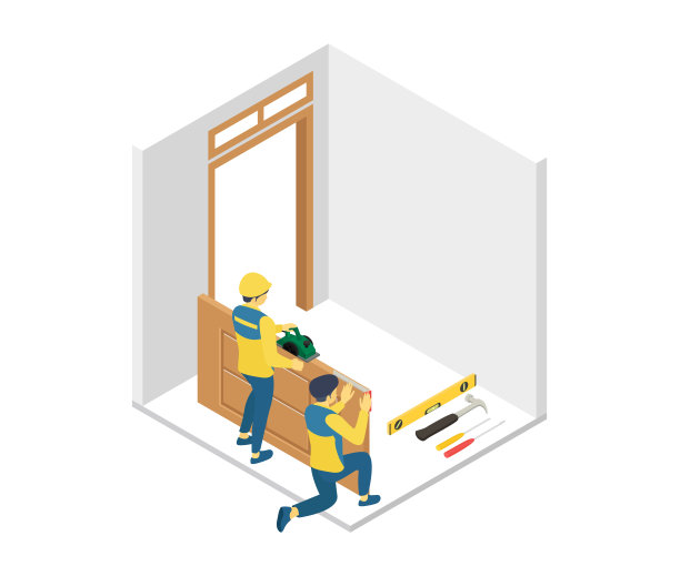 木匠安装门的等距风格插图图片下载