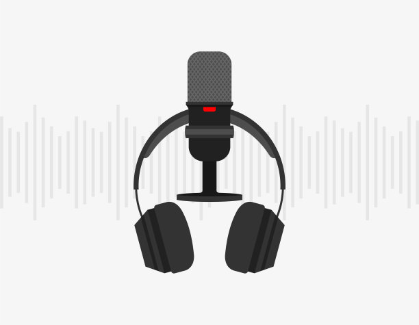 黑色麦克风和耳机在灰色背景声波。平面向量插图图片下载