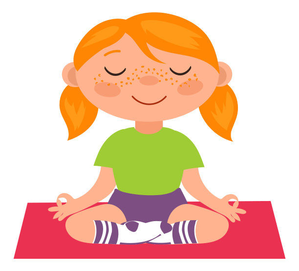 快乐的女孩在瑜伽姿势。平静的卡通的孩子图片下载