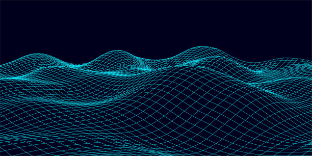 数字波浪线框景观。未来的线性起伏地形。山谷中的数字网络空间。矢量插图。图片下载