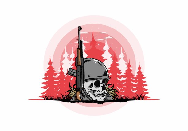 带有武器插图的头骨和士兵头盔图片下载