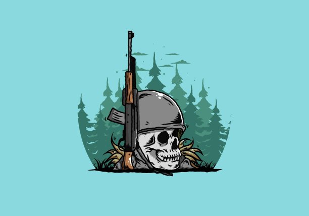 带有武器插图的头骨和士兵头盔图片下载