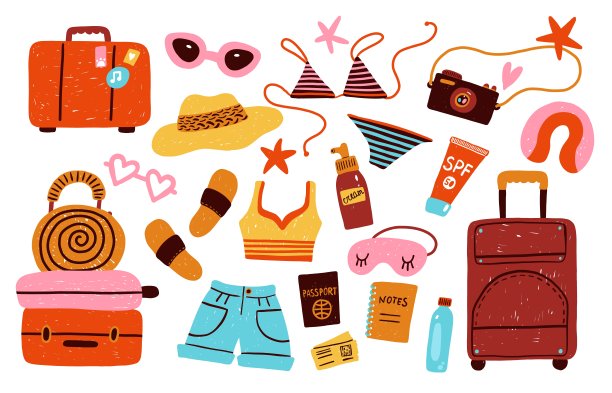 旅行配件。夏日海滩度假物品。假期旅游。行李和衣服。帽子或泳装。防晒露。护照和相机。热带航行矢量集图片下载