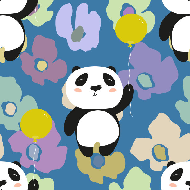 无缝图案与可爱的熊猫宝宝彩色花卉背景。有趣的亚洲动物。卡片，给孩子们的明信片。平面矢量插图织物，纺织品，墙纸，海报，礼品包装纸图片下载