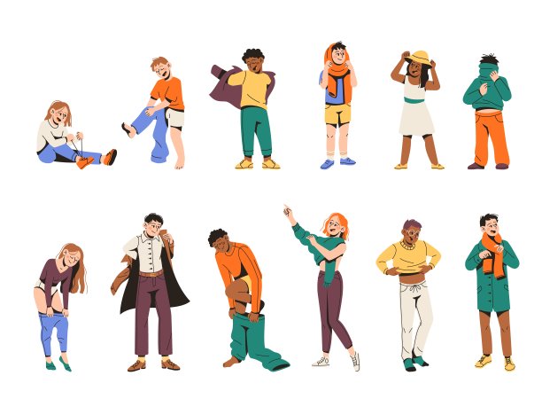 孩子和大人穿着衣服。有趣的孩子们穿裤子和衬衫，男女人物，人们换衣服，家里或试衣间，明亮的现代西装整洁向量集图片下载