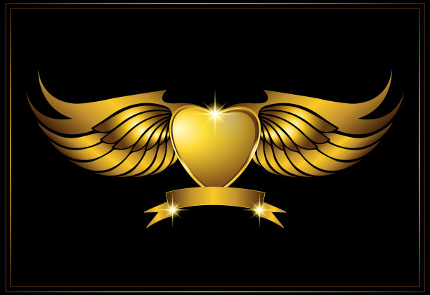 金色的翅膀标志与心脏符号发光的光图片下载