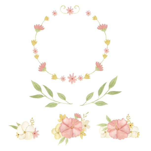 儿童水彩花环和花卉插图图片下载