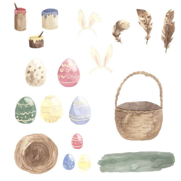 水彩复活节彩蛋，羽毛，篮子，兔子耳朵，儿童插图图片下载