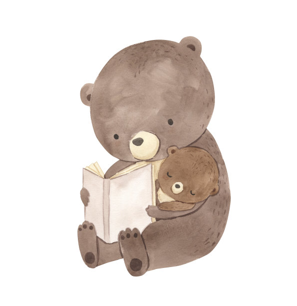 水彩熊给孩子读书。儿童林地动物插图图片下载