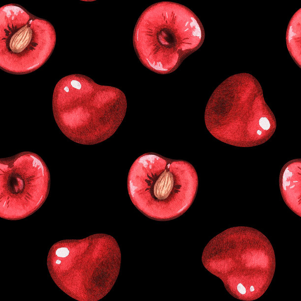 樱桃无缝模式。水彩插图。孤立在黑色背景上。为设计。图片下载