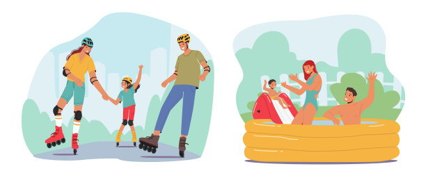 家庭活动：快乐的父母和孩子在公园里玩滑轮，年轻的父母和小儿子在游泳池里游泳图片下载