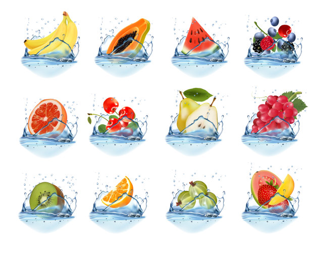 大收集水果在一个水花。覆盆子、木瓜、黑莓、蓝莓、香蕉、橙子、西瓜、葡萄、番石榴、草莓、猕猴桃。向量集。图片下载