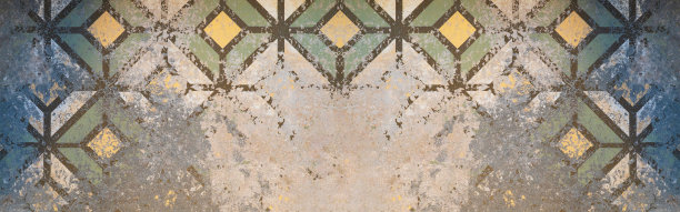 蓝绿黄老旧旧旧的水泥混凝土瓷砖墙墙纸纹理，菱形街菱形方形印花，破旧复古的复古背景横幅全景图片下载