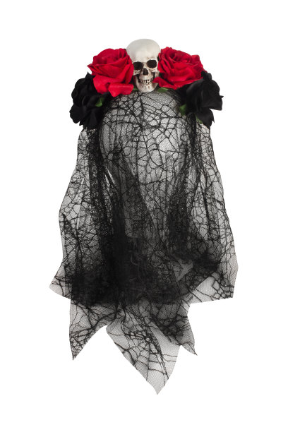带有骷髅头和玫瑰的黑色新娘头纱图片下载