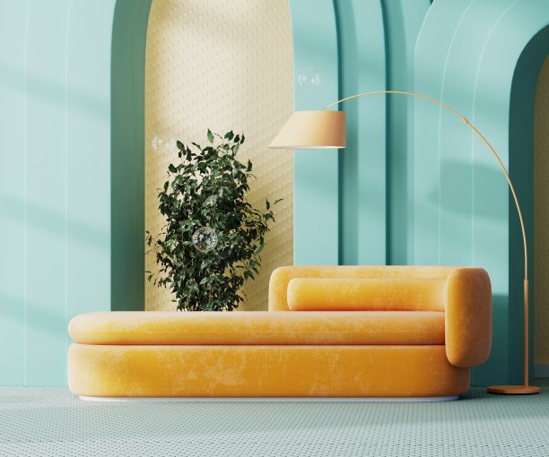 现代丰富多彩的室内休闲区和橙色的沙发和地板灯,黄色的墙,蓝色的拱门,3 d渲染图片下载