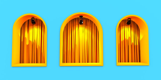 室内有拱形窗和窗帘。，产品展示展示的最小场景。展示的舞台。图片下载