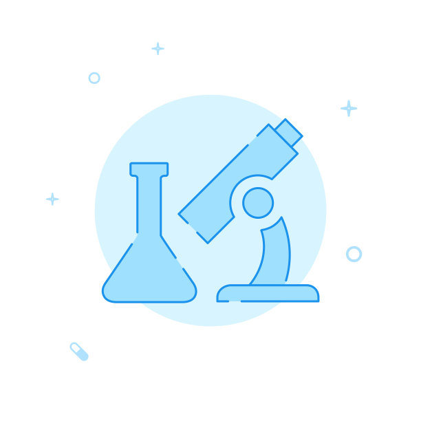 显微镜，分析平面矢量图标。线条样式。蓝色的单色的设计。可编辑的中风图片下载