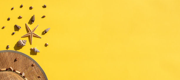 平的旗帜。草帽饰有贝壳，黄色底色有海星。夏天的概念。俯视图，复制空间。玛丽娜风格组成。图片下载