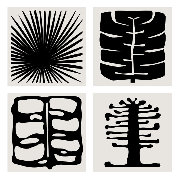 抽象几何植物叶子，现代墙艺术图形版画模板，水墨叶矢量插图图片下载