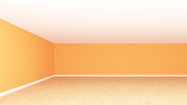 明亮的橙色无家具的房间角落，正面视野。室内概念图片下载