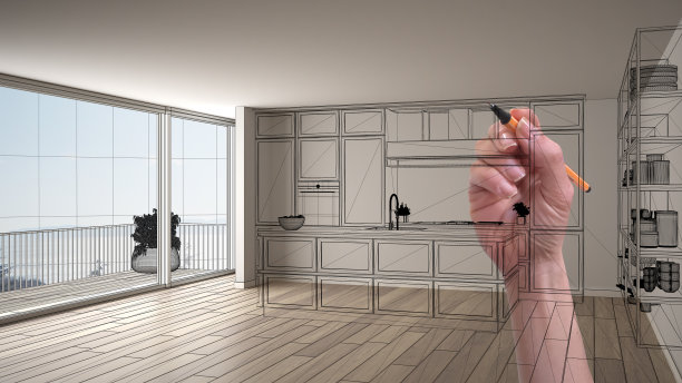 空旷的白色室内，拼花地板和大全景窗，手绘定制建筑设计，黑色水墨素描，展现现代厨房蓝图图片下载