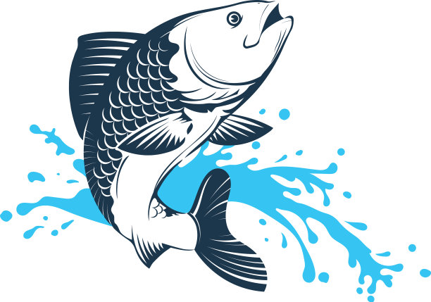 鱼在一个蓝色的波浪上跳跃，象征钓鱼图片下载