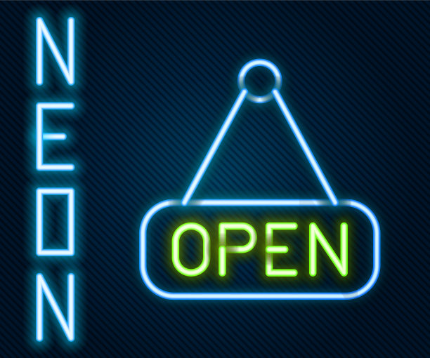 发光的霓虹灯线悬挂标志与文字打开门图片下载